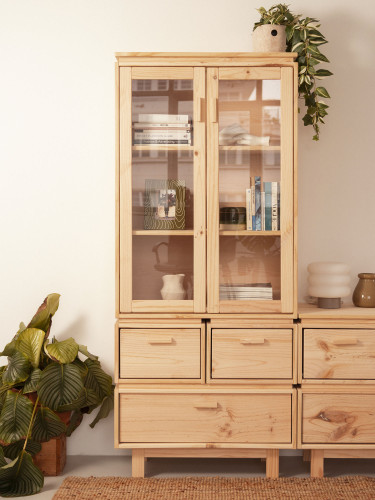 Vitrine en verre et bois avec 3 tiroirs 78x183 AIKA | LUFE