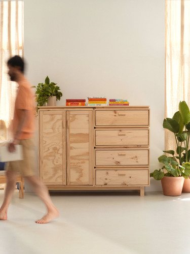 Credenza in legno naturale con armadio e 4 cassetti | LUFE