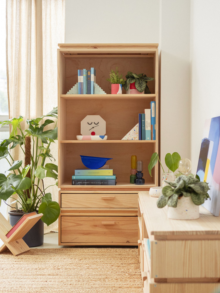 Estantería librería baja de madera con 2 cajones | LUFE 2
