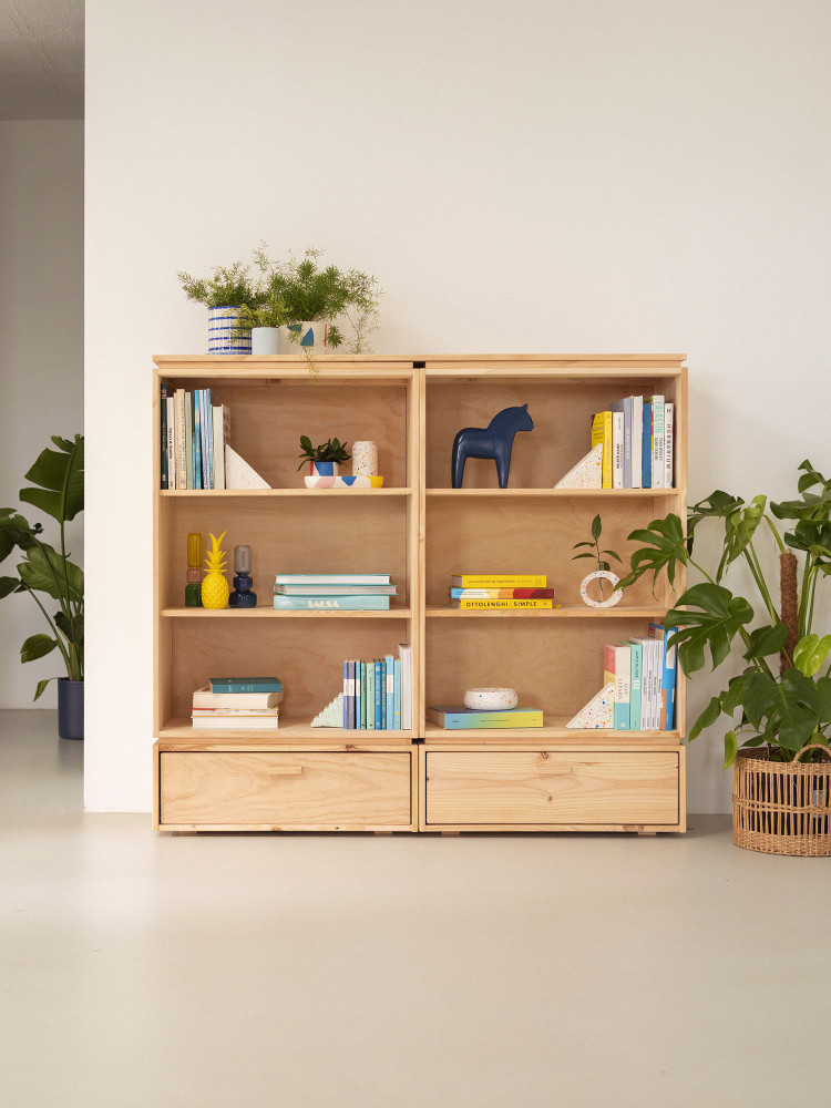 Estantería librería de madera natural con cajones | LUFE 2