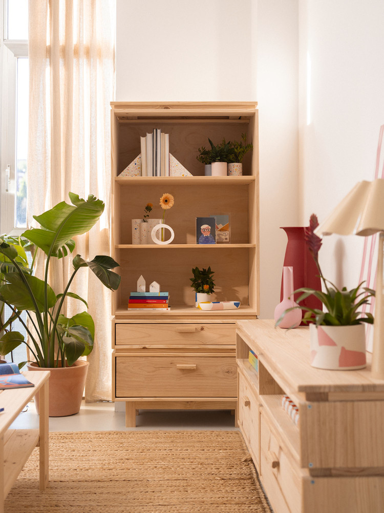 Estantería librería de madera con cajones y patas | LUFE 2