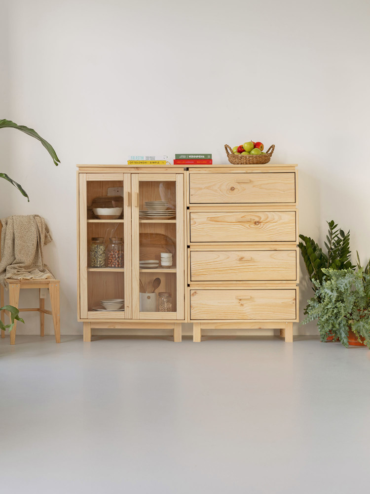 Vitrina expositora doble de cristal y madera con cajonera 157x128 AIKA | LUFE 2