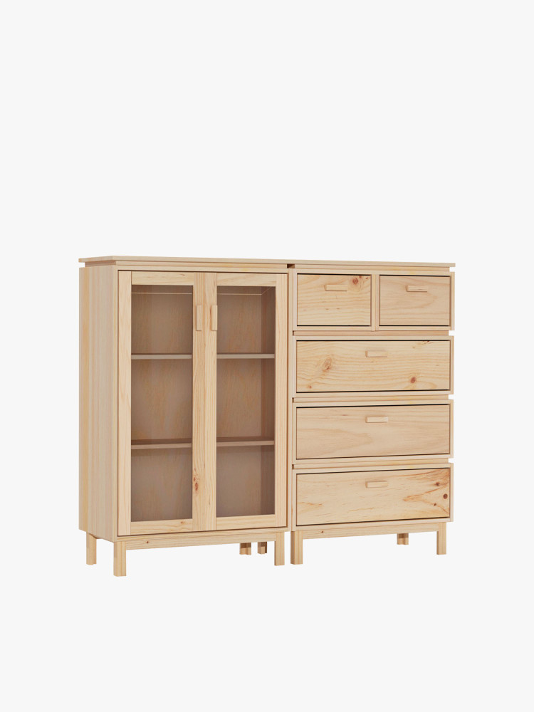 Vitrine double en verre et bois avec 5 tiroirs 157x128 AIKA | LUFE