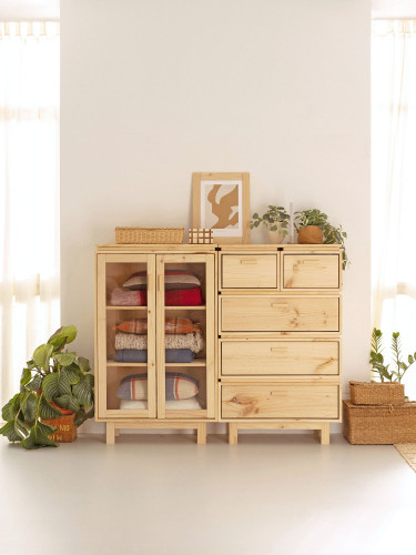 Vetrina espositiva doppia in vetro e legno con 5 cassetti 157x128 AIKA | LUFE