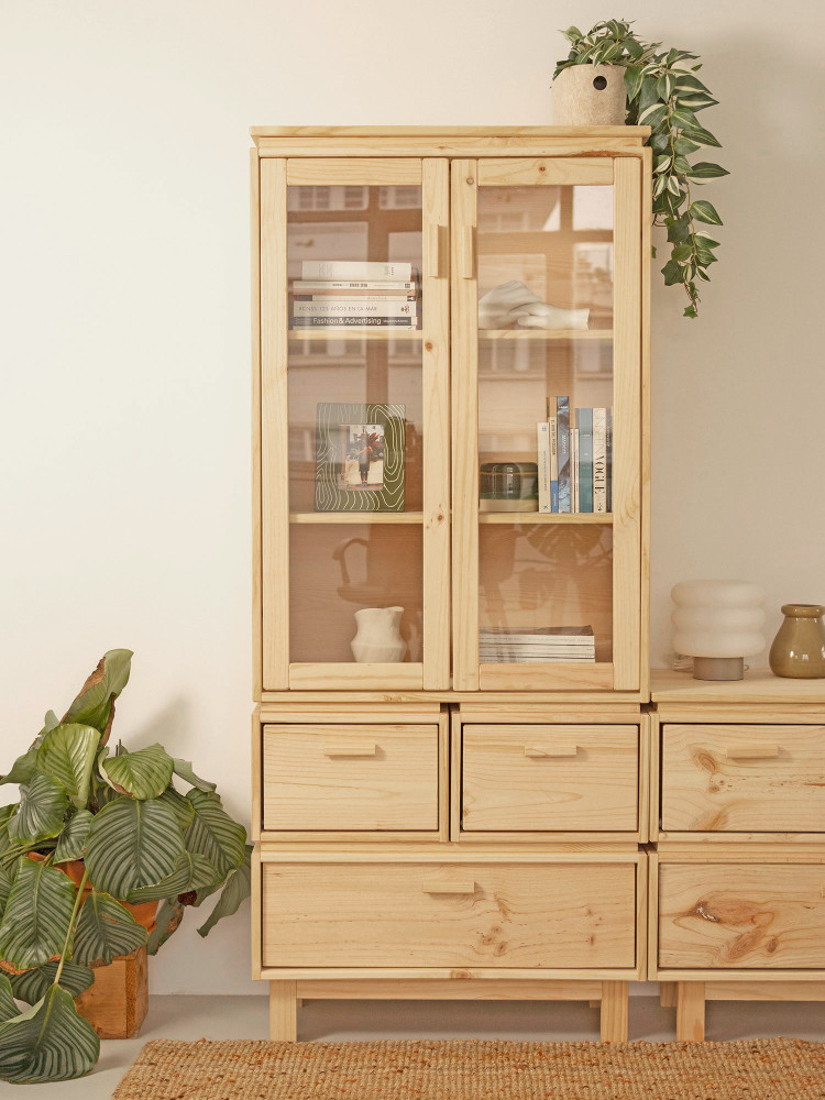 Vitrina em vidro e madeira com 3 gavetas 78x183 AIKA | LUFE 2