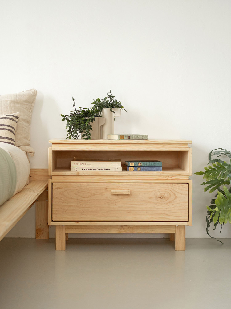 Mesita de noche con hueco y cajón de madera natural | LUFE 2