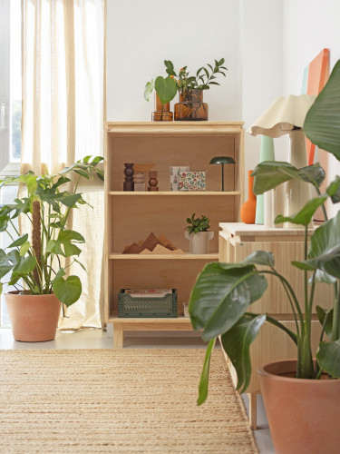 Estante para livros baixa em madeira natural com pés | LUFE