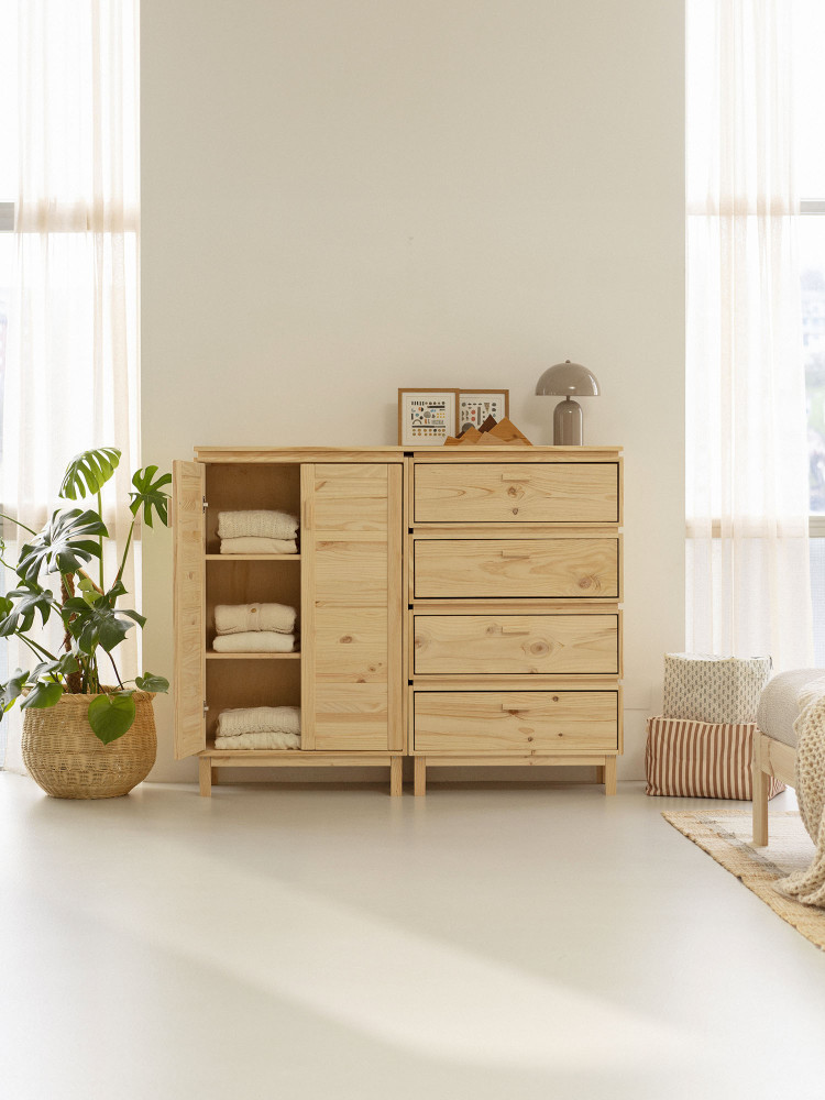 Buffet salon en bois massif avec armoire et 4 tiroirs | LUFE 2