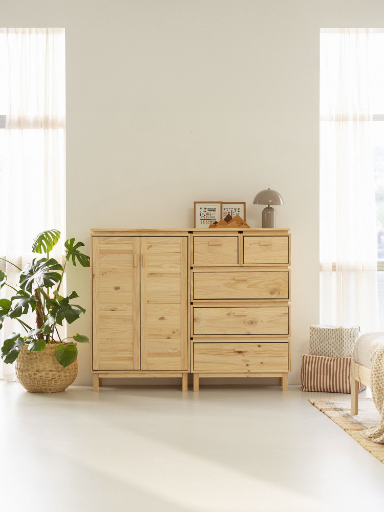 Credenza in legno naturale con armadio e cassettiera | LUFE 2