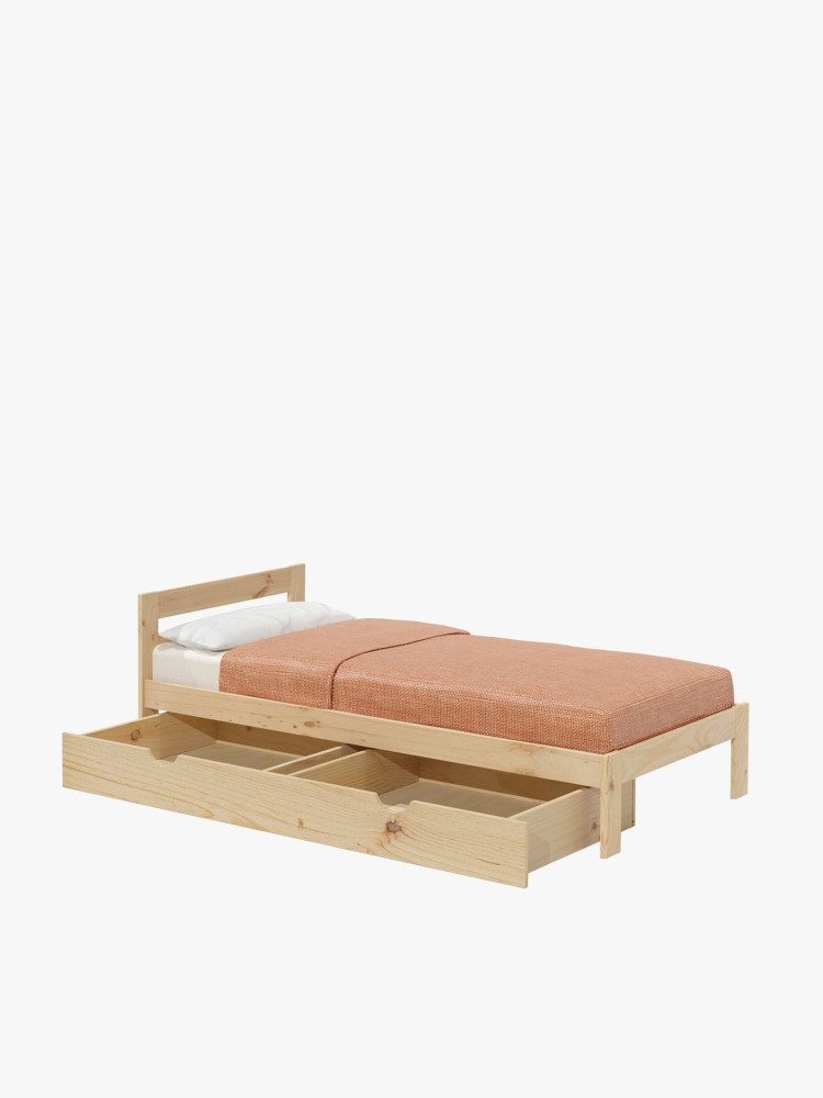 Cama individual em madeira maciça de pinho com gaveta | LUFE
