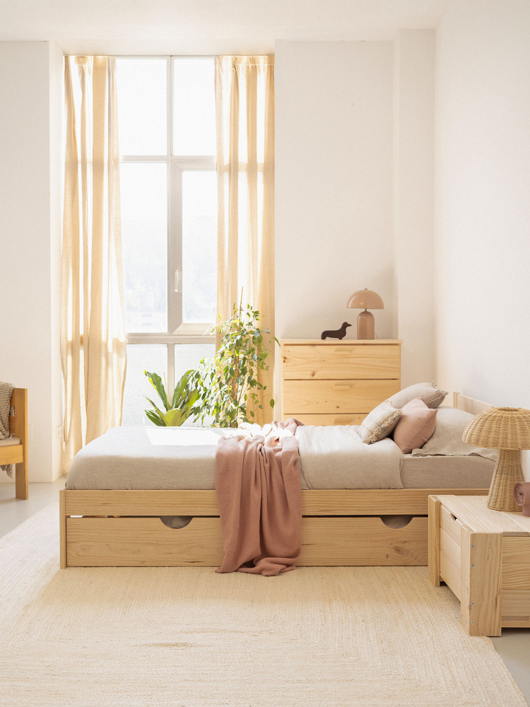 Lit simple en bois de pin massif avec tiroir | LUFE 2