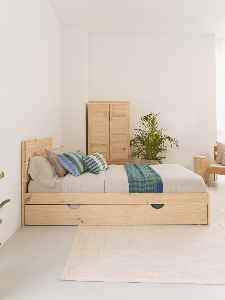Lit gigogne de 105 avec tête de lit en bois de pin  | LUFE 2